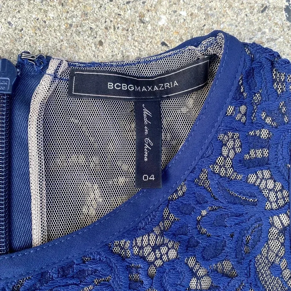 BCBGMAXAZRIA Hanah Navy Blue Lace Tiered Sleeveless Formal Cocktail Mini Dress